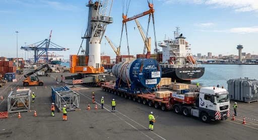 Heavy project cargo handling operation at a commercial port